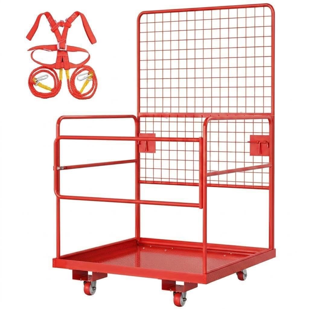 43"X45" Forklift Safety Cage, 1800Lbs Heavy-Duty Forklift Work Platform with Safety Harness,Wheels & Lock, Collapsible Lift Basket for Lifting Loader