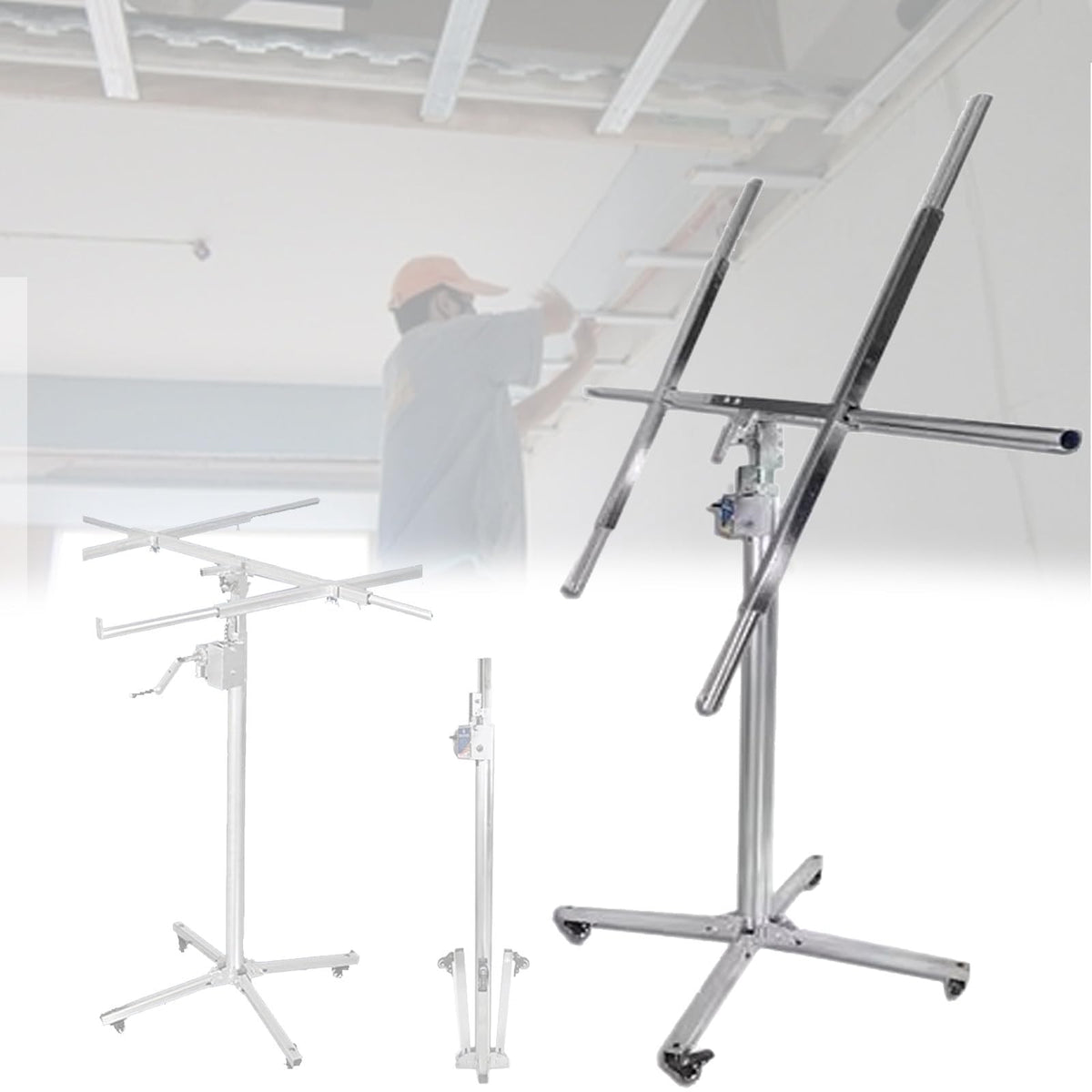 Adjustable Drywall Jack Lift for Ceiling, Stainless Steel Panel Rolling Hoist, Foldable Sheetrock Lifter for Home Improvement