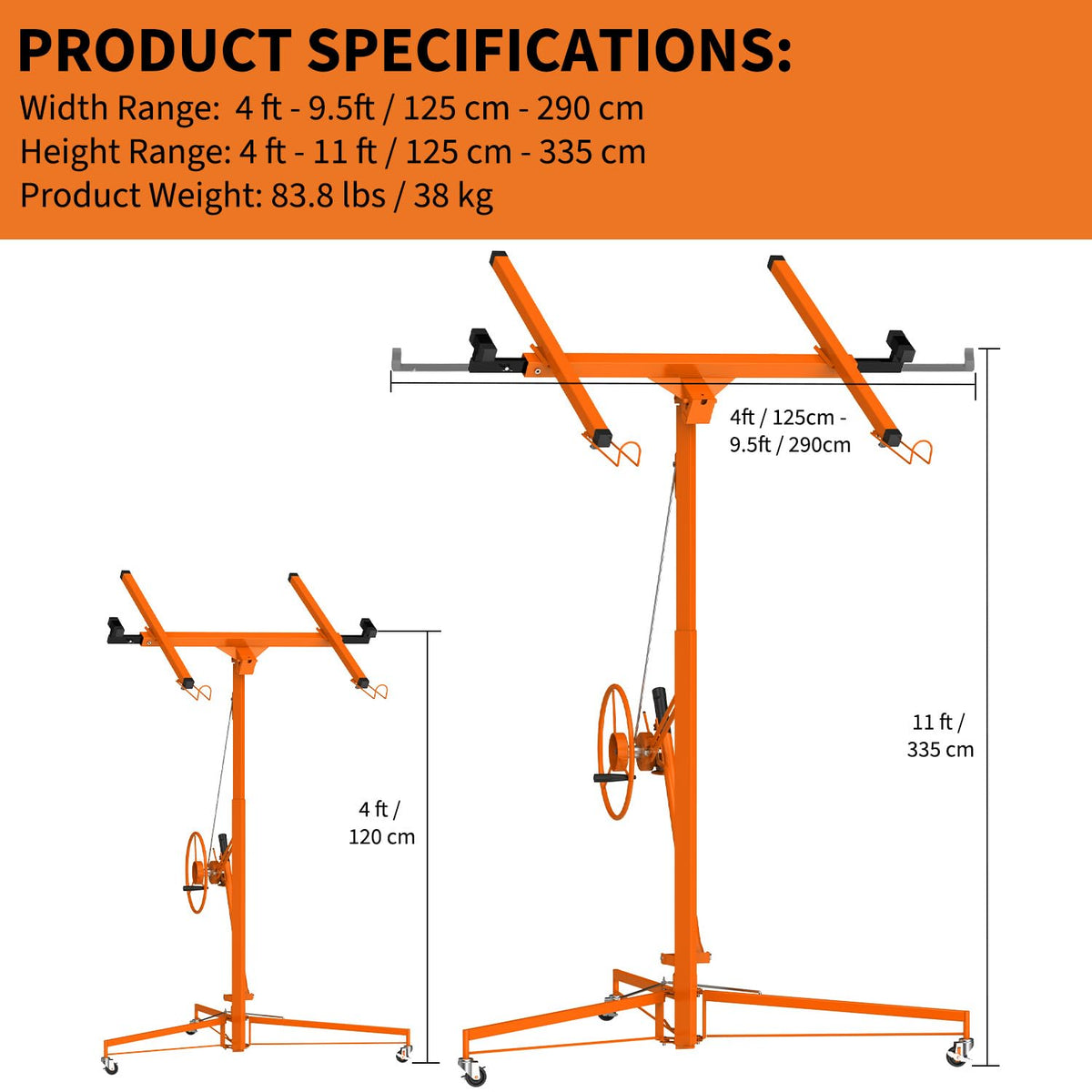 Heavy Duty 11FT Drywall Lift – 150LB Capacity, 360° Swivel & 60° Tilt, Lockable Casters, Tool-Complimentary Setup for Ceiling Installation – Orange + Black