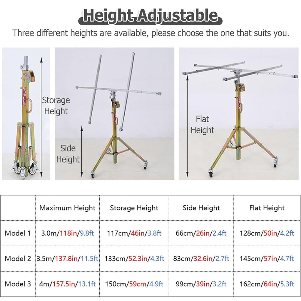 Drywall Lifter Panel Hoist Construction Tool with 4" Caster Wheels and 3m Reach, Lifts Up to 80kg for Furniture and Decoration Projects