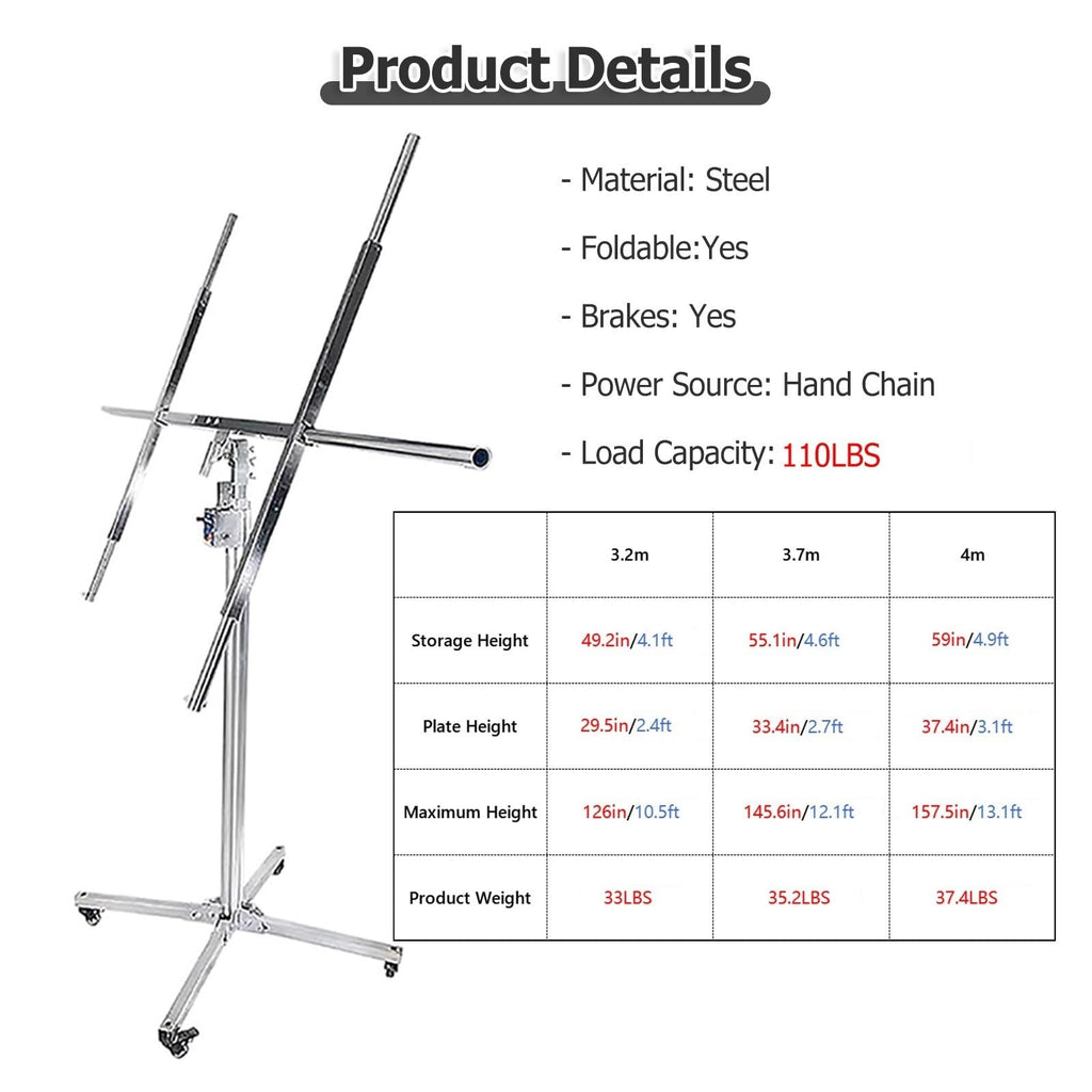 JYHHCYS Drywall Panel Hoist Drywall Lifter Jack 11 Ft 12 Ft 13 Ft, 360° Adjustable Drywall Rolling Lifter Panel with Rolling Caster Wheels, Sheetrock Lift Drywall Lift(Medium - Max H 12.1ft)