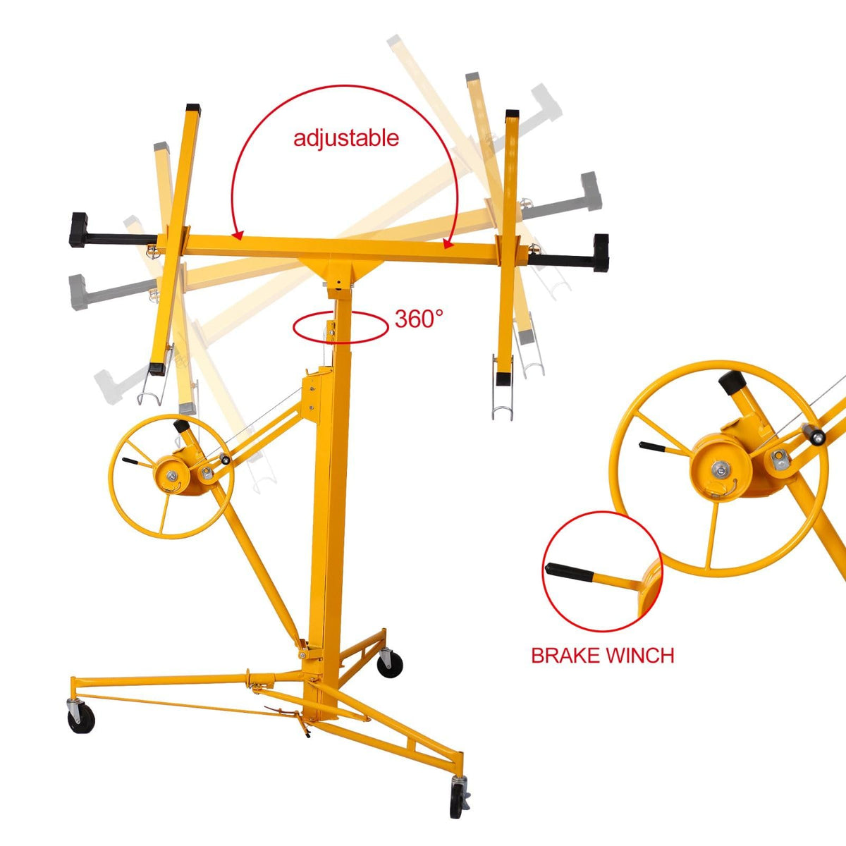 16ft Drywall Panel Hoist Lift, 150 Lbs Load Capacity, Adjustable Telescopic Arm, Built-In Winch with Brake, Perfect for Home and Commercial Use, Yellow