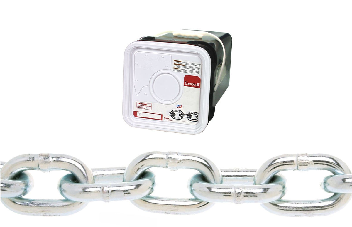 Campbell 0143626 System 3 Grade 30 Low Carbon Steel Proof Coil Chain in Square Pail, Zinc Plated, 3/8" Trade, 0.37" Diameter, 45' Length, 2650 lbs Load Capacity