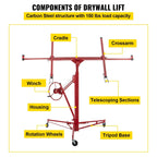 11FT Drywall Rolling Lifter with Lockable Wheels 150Lbs Capacity Heavy Duty Plasterboard Panel Tilting Hoist Jack Lifter