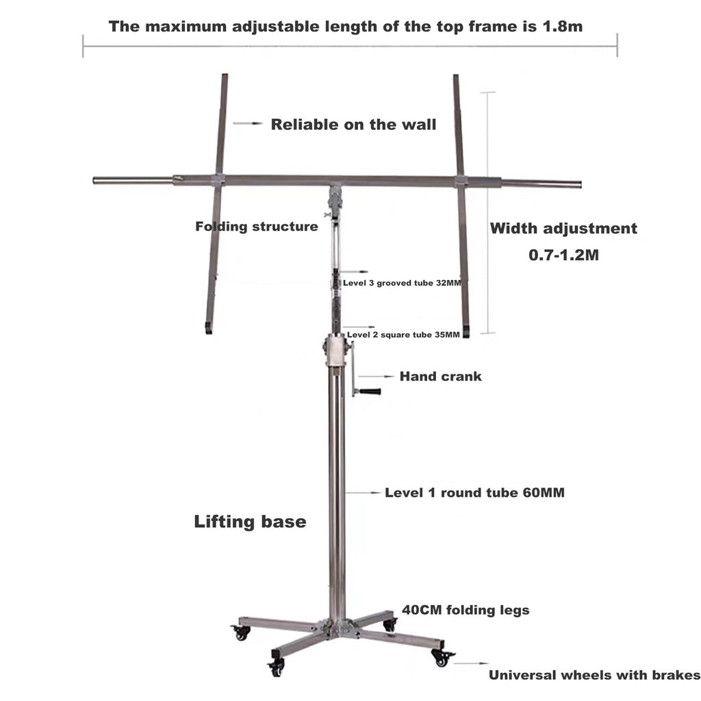 Drywall Lifter Tool, Easy to Move with Casters 3-in-1 Galvanized Steel Pipe Sheetrock Lift Adjustable Telescopic Arm Suitable for Woodworking Construction Tools Residential Commercial(3.7M)