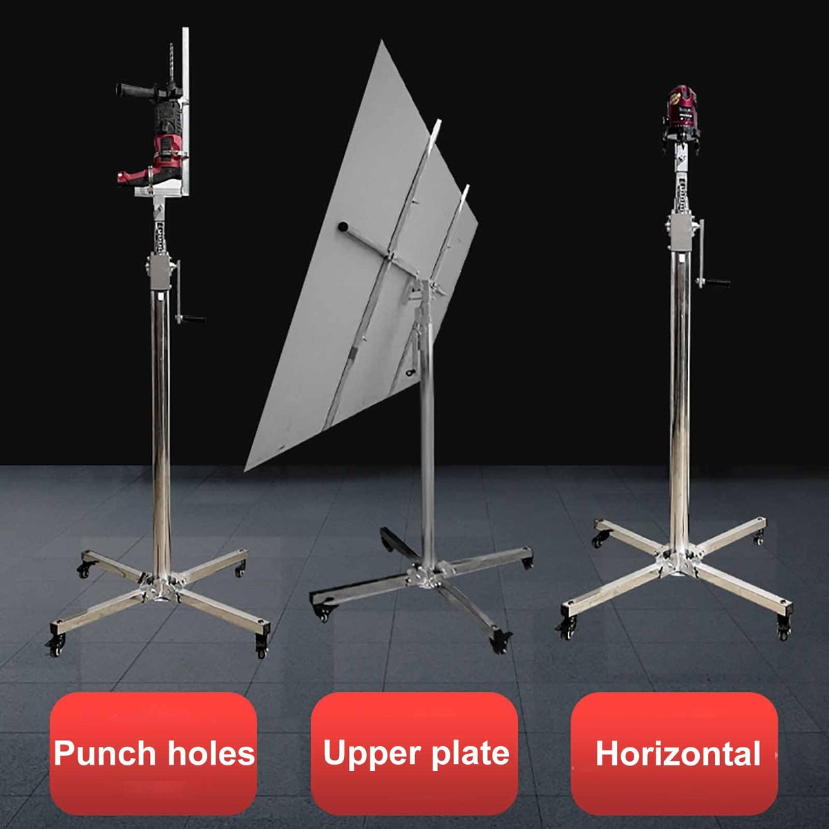 Drywall Lifter Tool, Easy to Move with Casters 3-in-1 Galvanized Steel Pipe Sheetrock Lift Adjustable Telescopic Arm Suitable for Woodworking Construction Tools Residential Commercial(3.7M)