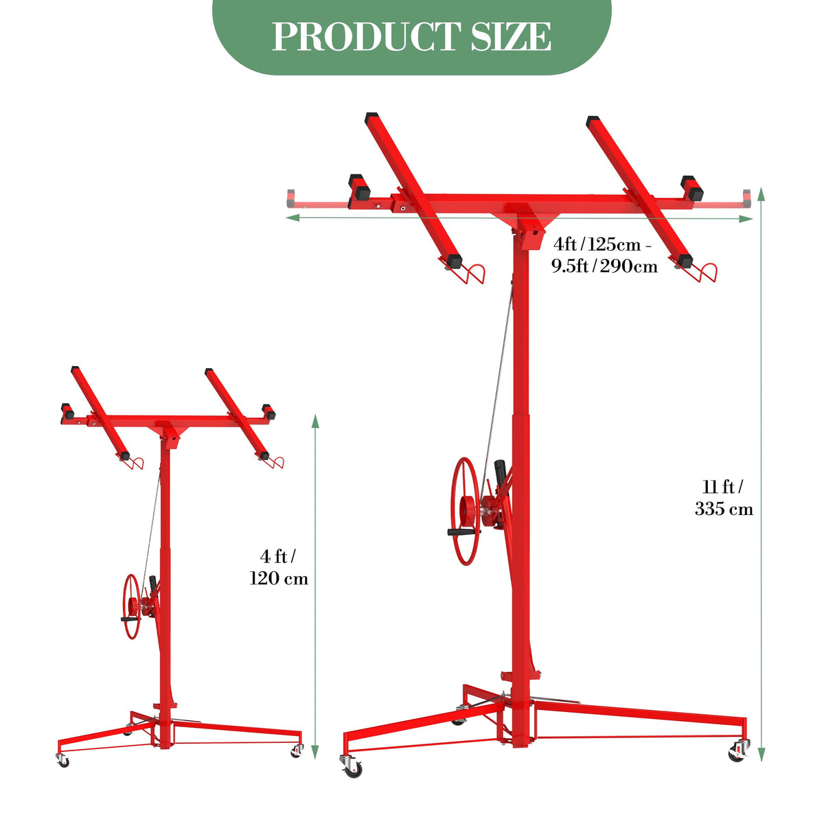 11FT Drywall Lift Panel Hoist – 150 lbs Heavy Duty Capacity – 360° Adjustable Telescopic Arm – 3 Lockable Wheels – Solo Ceiling & Wall Installation – Steel Construction