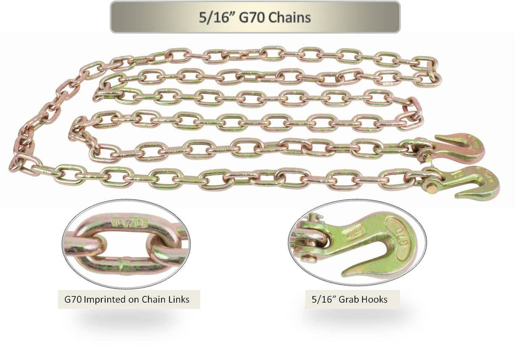 Mytee Products 4 Pack 5/16 Inch x 25 FT Grade 70 Binder Chain with Clevis Grab Hooks - G70 Transport Tow Chain - 4,700 Lbs Working Load Limit