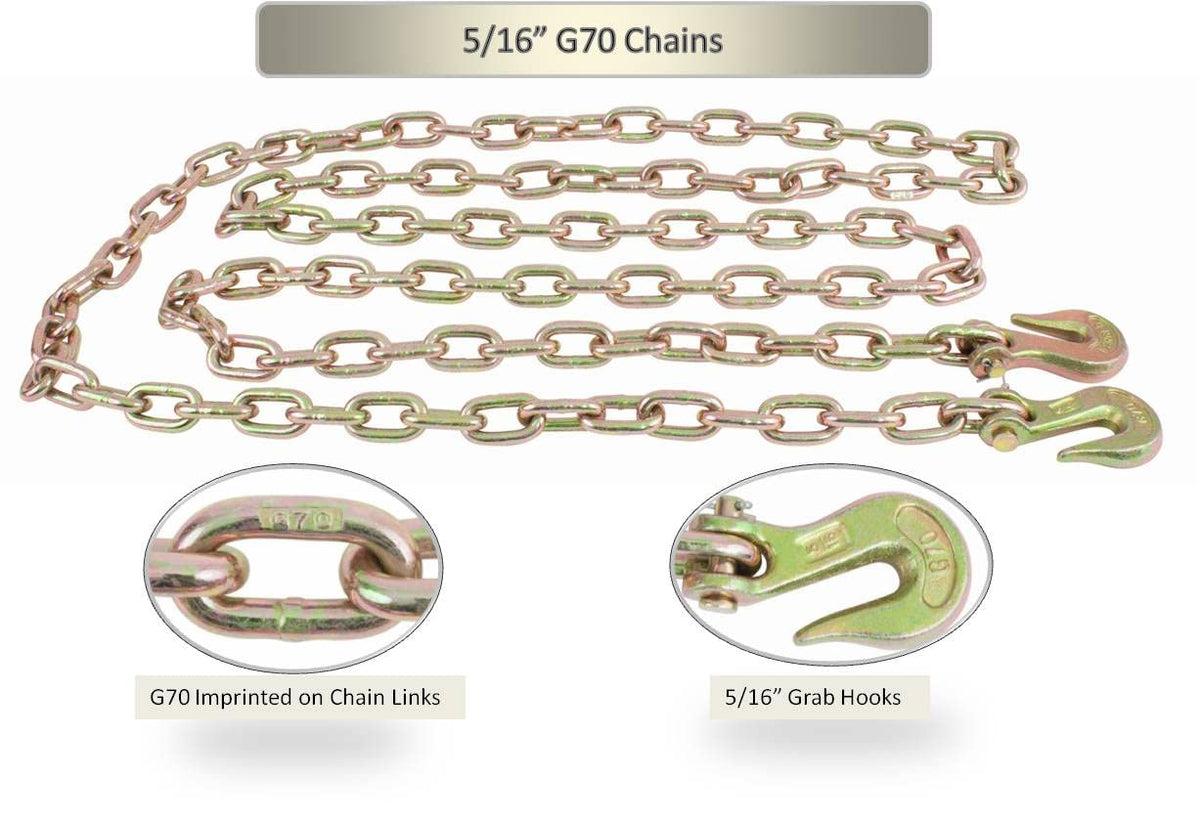Mytee Products 4 Pack 5/16 Inch x 25 FT Grade 70 Binder Chain with Clevis Grab Hooks - G70 Transport Tow Chain - 4,700 Lbs Working Load Limit