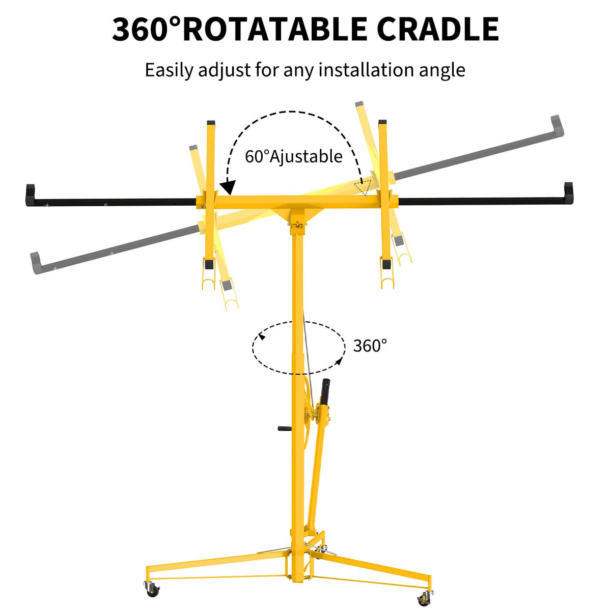 11FT Drywall Lift 150lb, 360 Swivel & 60 Tilt, Tool-Free, 3 Locking Casters