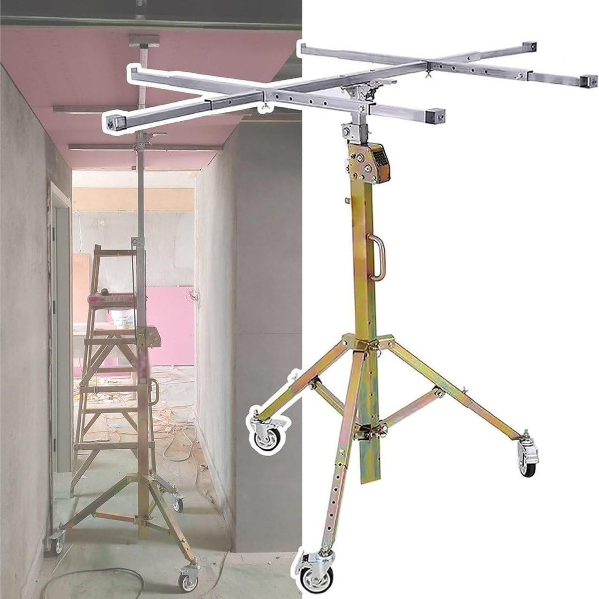 Drywall Lifter Tool, Heavy Duty Panel Jack with 80kg Lifting Capacity and Lockable Swivel Wheels