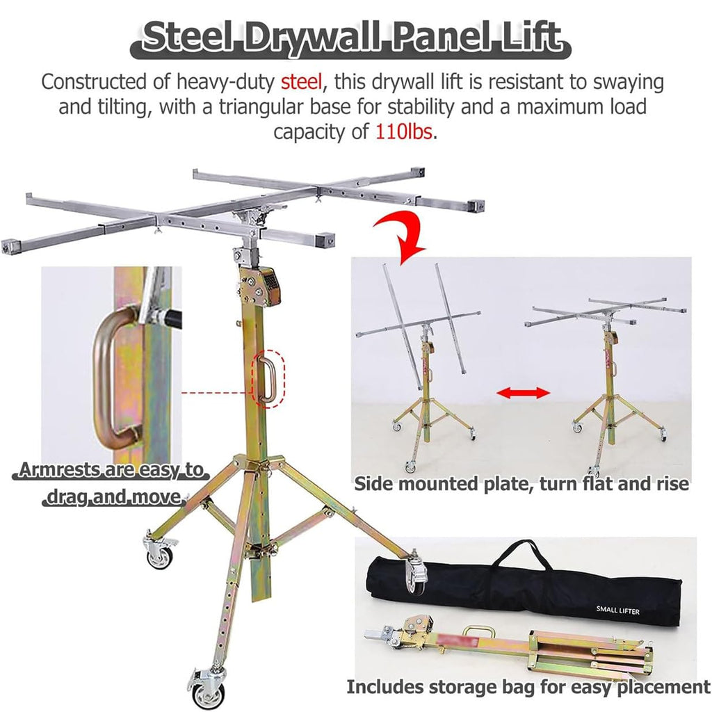 Commercial Drywall Lifter, Heavy Duty Drywall Lifter, House Construction Drywall Panel Lifting Jack Tool with 4 Inch Casters Rolling Locking, Suitable for Construction, Industry ()