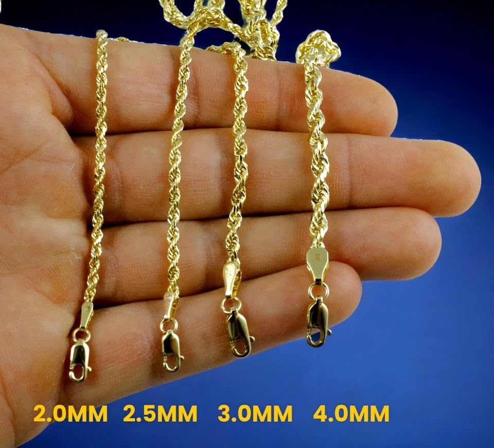 10K Yellow Gold Rope Necklace Bracelet Chain Diamond Cut 2mm-10mm 7"-30" | MADE IN ITALY