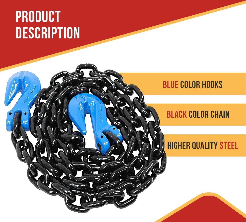Mytee Products 2 Pack 3/8" x 10' G100 High Grade Transportation Chain w/Grab Hooks, 8800 lbs WLL