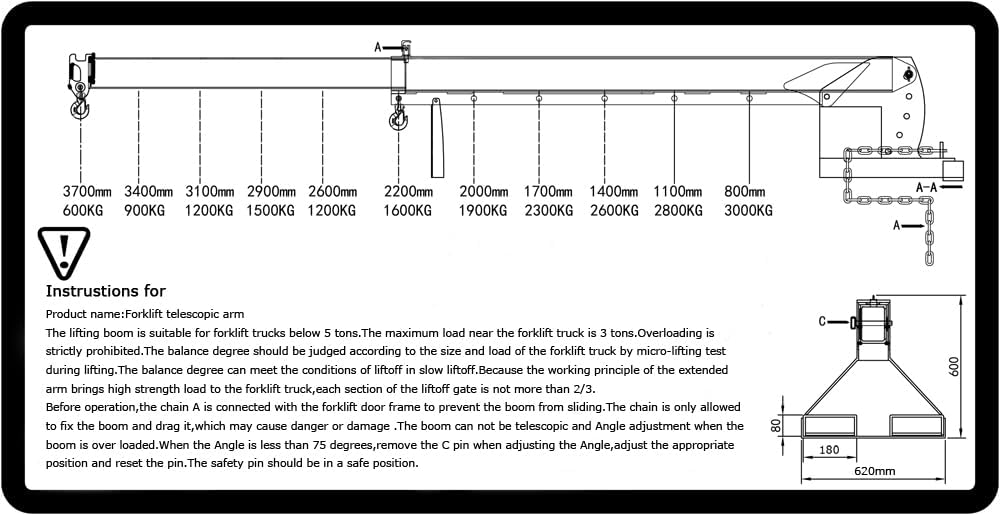 6600LB Forklift Mobile Crane, 12FT Maximum Extension Arm Attachments, Adjustable Angle Jib Boom Crane, W/Telescopic Boom and Hook, for Forklift Towing Handling