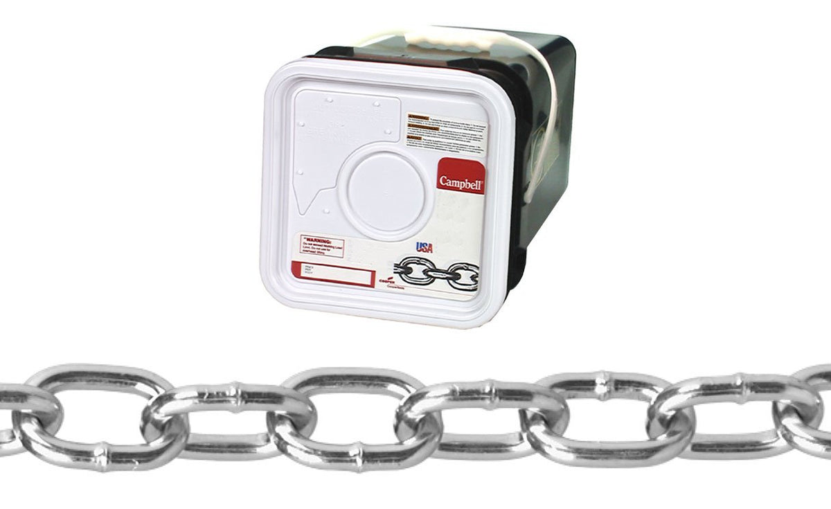 Campbell 0309526 Low Carbon Steel Passing Link Chain in Square Pail in Square Pail, Zinc plated, 2/0 Trade, 0.18" Diameter, 200' Length, 450 lbs Load Capacity