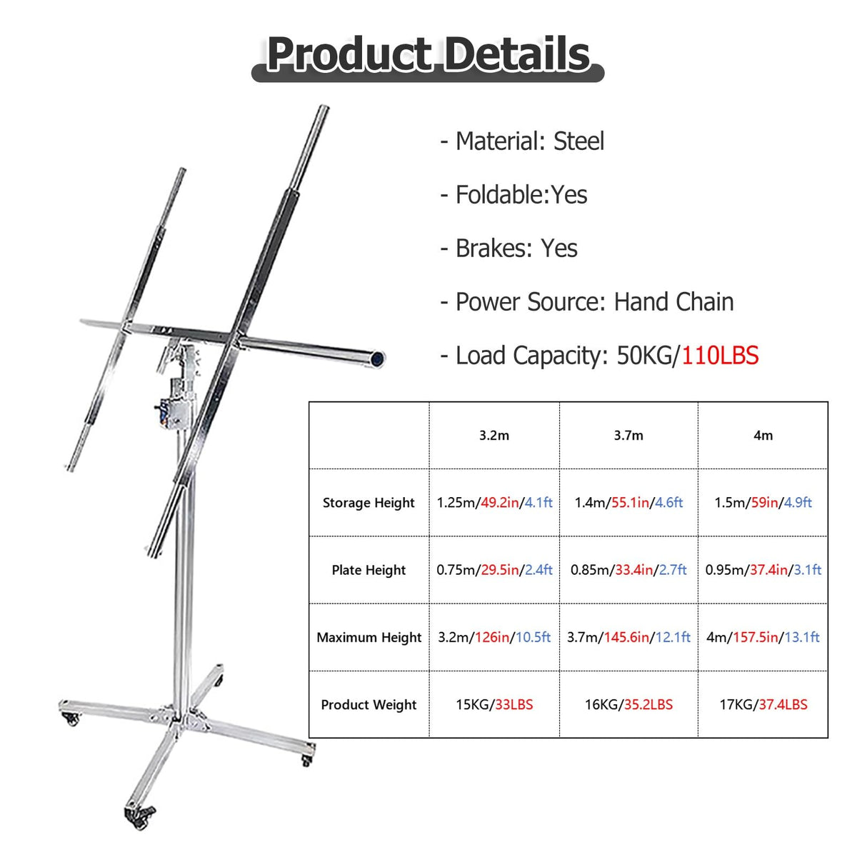 Adjustable Drywall Jack Lift for Ceiling - Drywall Panel Hoist Jack with 4 Lockable Rolling Caster - 110lb Weight Capacity Drywall Lifter Panel Hoist Easy Assembly & Transport(Model B - max H 3.7m/12.