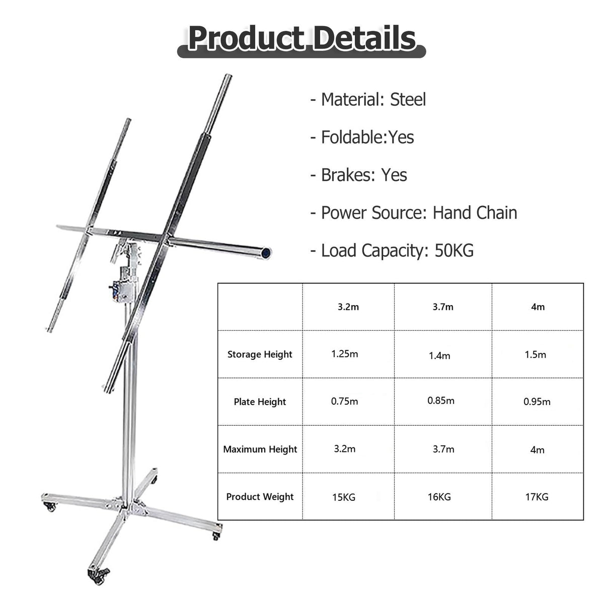 JYHHCYS Drywall Plasterboard Hoist with Wheels, Rolling Drywall Lifter Panel Hoist Jack Tool for Ceiling & Walls, Three in One Sheetrock Plasterboard Lifter 50kg Lifting Capacity(Large - Max H 4 m)