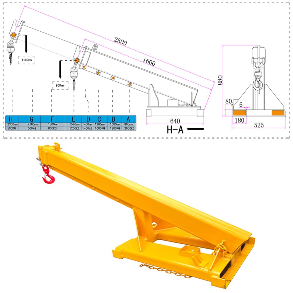 2 Ton (4400 lbs) Forklift Jib Boom Attachment, 63-98in Adjustable Telescopic Lifting Crane Arm, One Hook, Heavy Duty Forklift Extension for Material Handling, Towing & Lifting Equipment