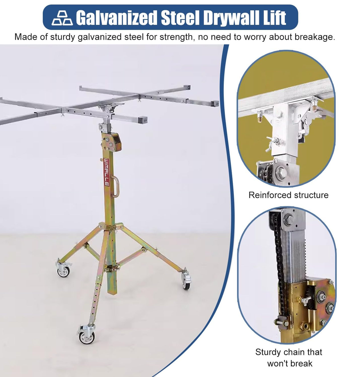 ZIMGOD Adjustable Drywall Lift Tool 10ft 11.5ft 13ft, Tiltable & Folding Sheetrock Lift Hoist, Rolling Plasterboard Panel Lifter, Metal Drywall Jack Lifting(Max Height 3.0m/9.8ft)