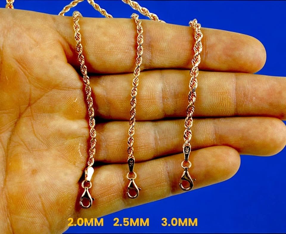 14K Rose Gold Rope Chain Necklace Bracelet Diamond Cut Real Gold 2mm-6mm 7"-30" | MADE IN ITALY