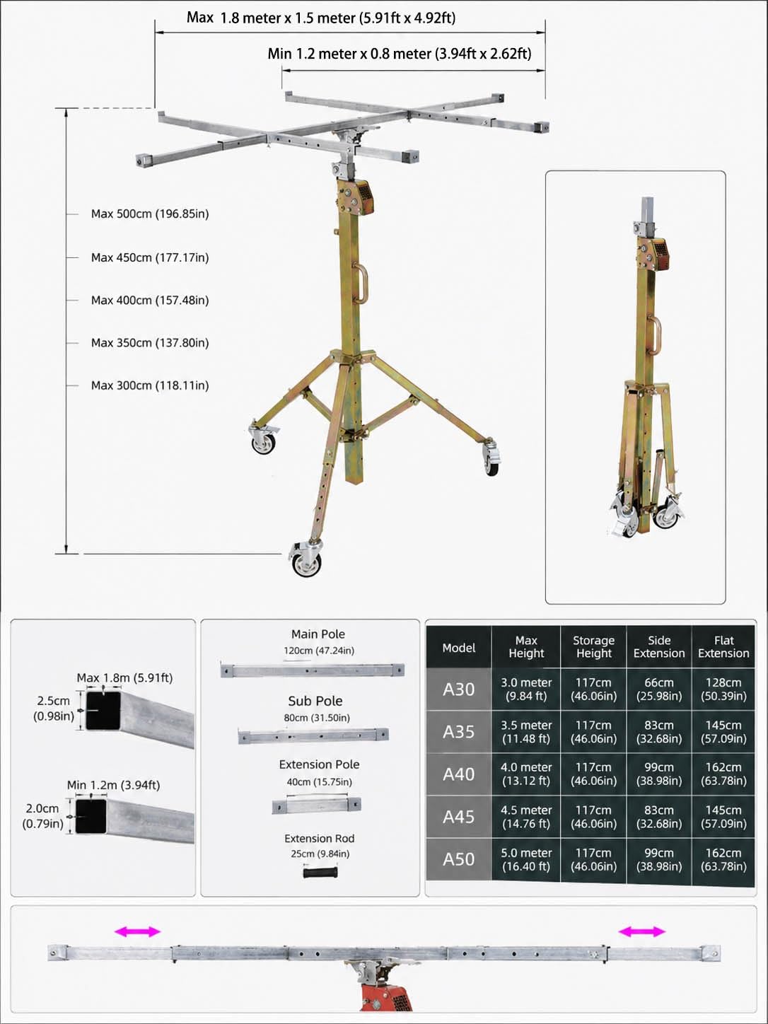 Multi-Purpose Drywall Lift – Rolling Plasterboard Jack, Ceiling & Wall Panel Hoist, Construction & DIY Use(5meter/16.40ft)