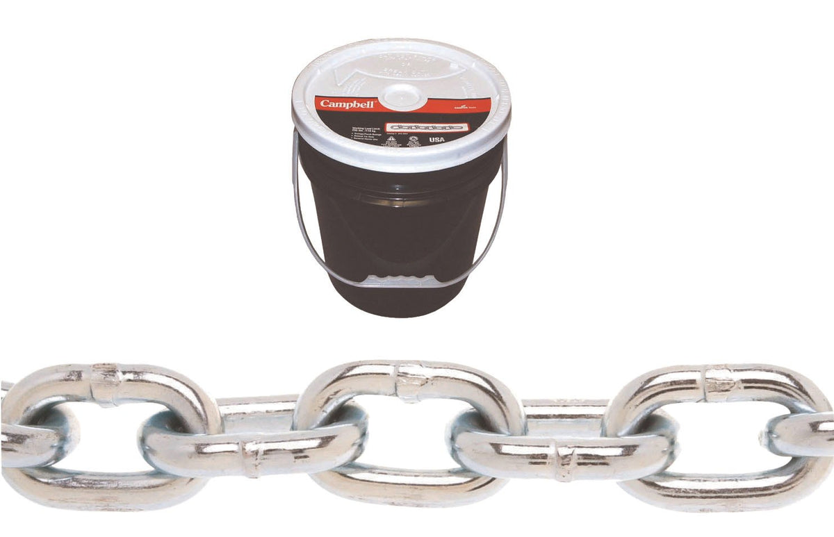 Campbell 0140623 System 3 Grade 30 Low Carbon Steel Proof Coil Chain in Round Pail, Zinc Plated, 3/8" Trade, 0.37" Diameter, 63' Length, 2650 lbs Load Capacity