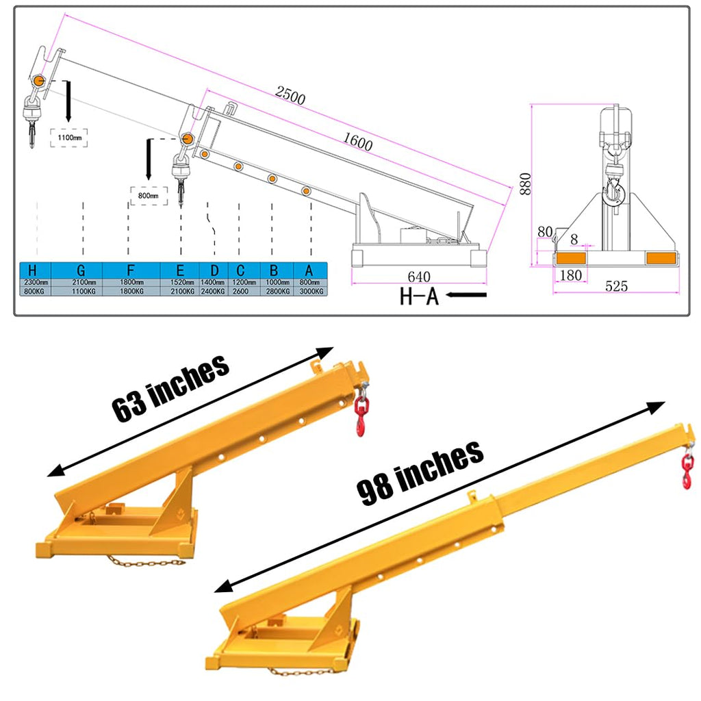 3T/6600LB Adjustable Forklift Jib Boom Crane Attachment, 63-98in Forklift Telescopic Lifting Arm, Mobile Crane with One Hook for Forklifts, Heavy-Duty Towing & Handling Equipment