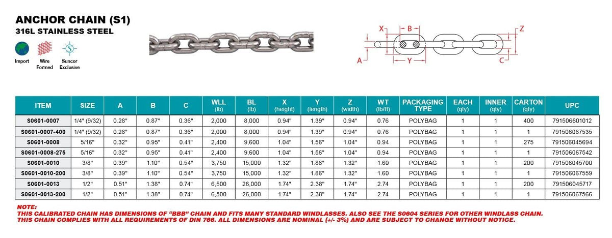 STAINLESS STEEL ANCHOR CHAIN 316L (S1) 1/2" (S0601-0013) SOLD PER FOOT