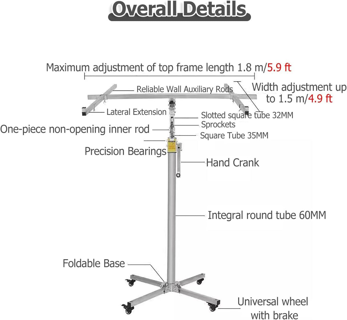Drywall Panel Hoist Jack with 4 Lockable Rolling Caster - 110lb Weight Capacity Drywall Lifter Panel Hoist Easy Assembly & Transport(Model A - max H 3.2m/10.5ft)