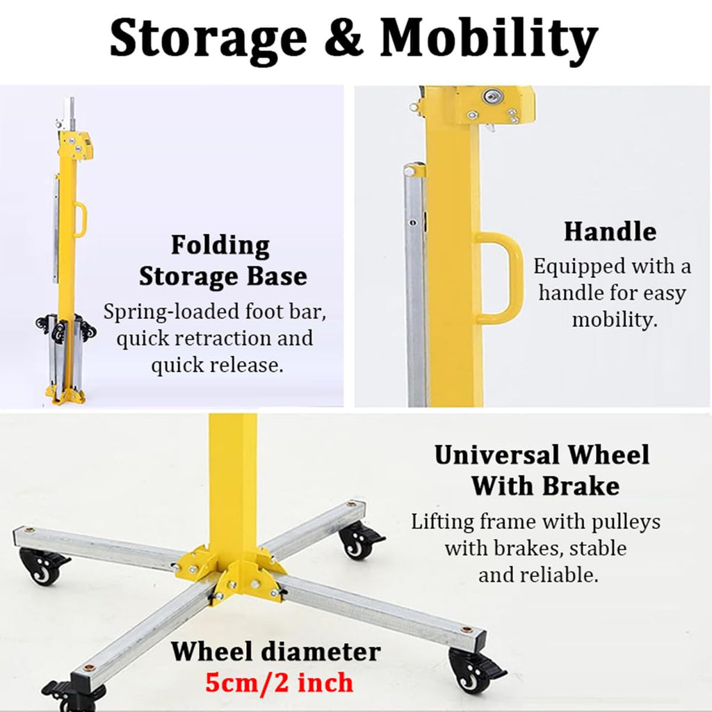 3.5/4/4.5/5m Drywall Lift Movable, 110LBS Heavy Duty Drywall Hoist Panel Lifter with Adjustable Telescopic Arm & 4 Locking Wheels, Foldable Sheetrock Hoist for Construction,4m