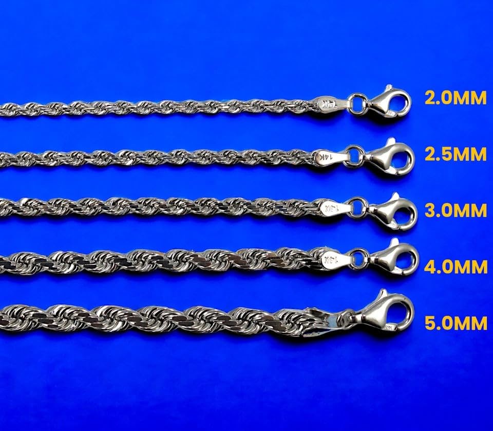 14K White Gold Rope Chain Necklace Bracelet Diamond Cut Real Gold 2mm-6mm 7"-30" | MADE IN ITALY