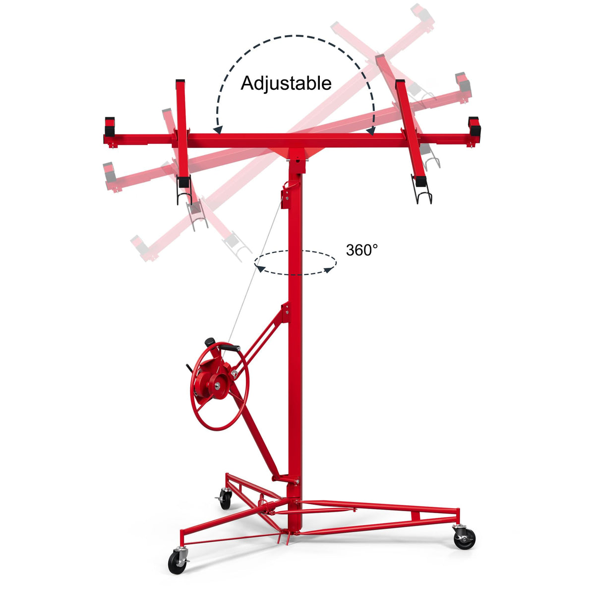 Drywall Lift 11FT, Sheetrock Lift 150LBS Heavy Duty Drywall Lift Panel with 360° Adjustable Telescopic Arm & 3 Lockable Wheels, Drywall Lifter for Home Improvement (Red)