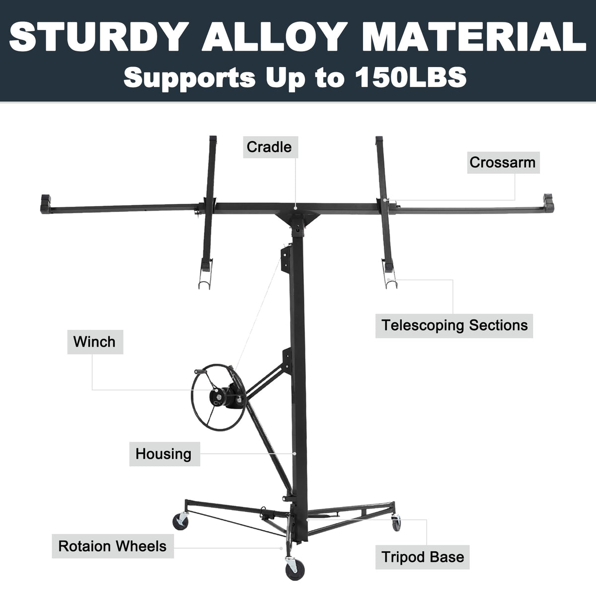 11FT Drywall Lift, 150LB Capacity Sheetrock Panel Hoist, Sheetrock Lifter tools with 3 Lockable Caster Wheels, 360° Rotatable Telescopic Arm for Ceiling Work (Black, 11FT)