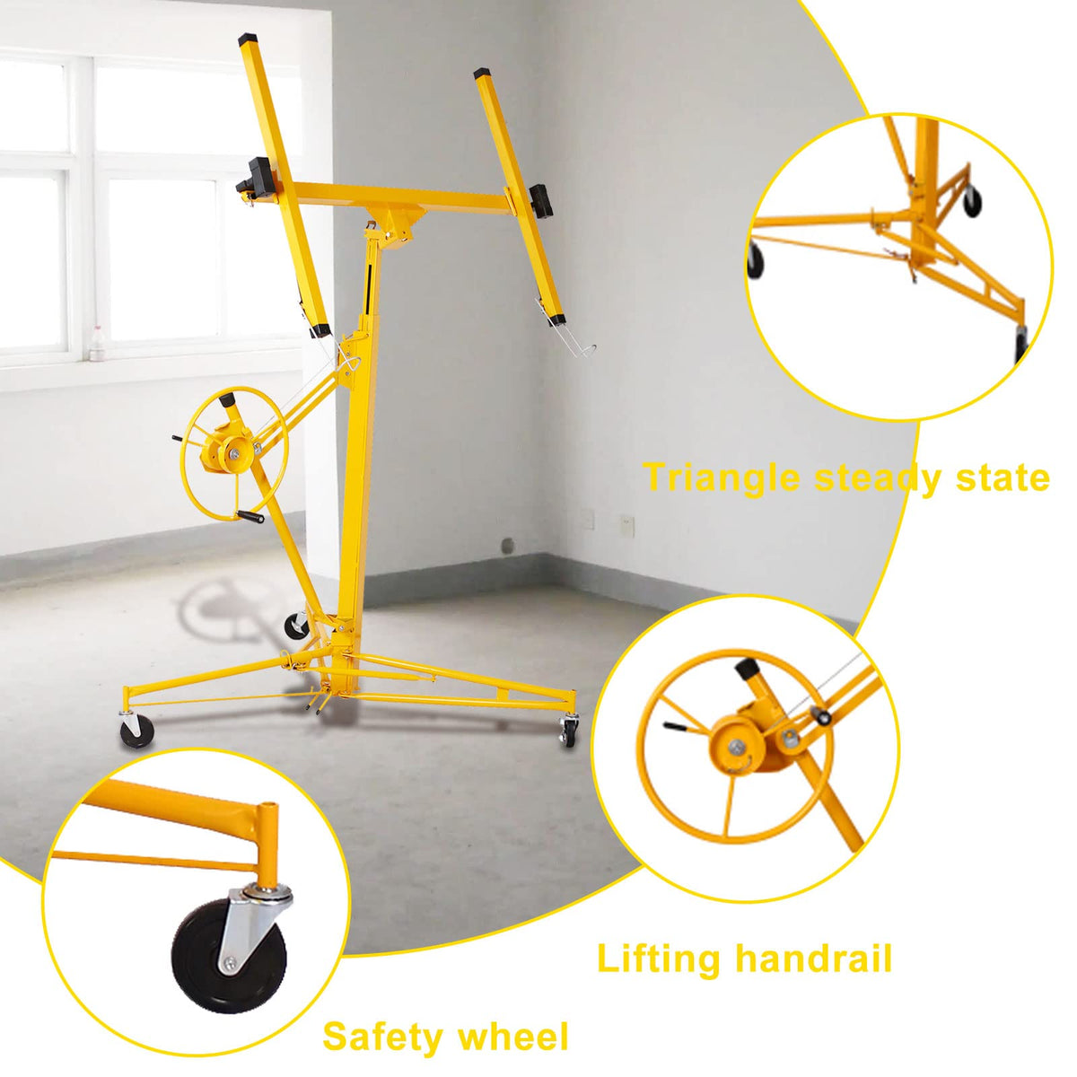 Drywall Lift, 11 FT Rolling Caster Lockable Jack Lifter Portable Panel Lift Construction Tools 150LB Heavy Duty Sheetrock Hoist Holder Suitable for Home and Commercial Use, Yellow