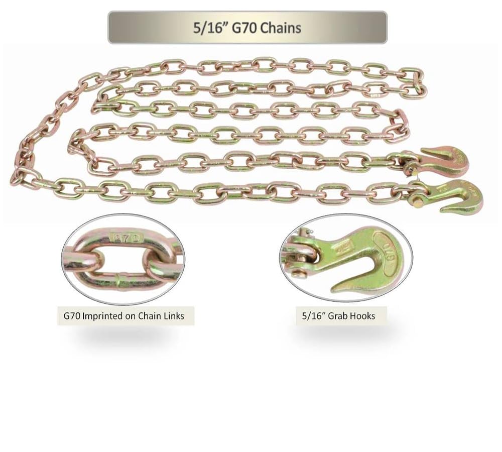 Mytee Products 4 Pack 5/16 Inch x 20 FT Grade 70 Binder Chain with Clevis Grab Hooks - G70 Transport Tow Chain - 4,700 Lbs Working Load Limit