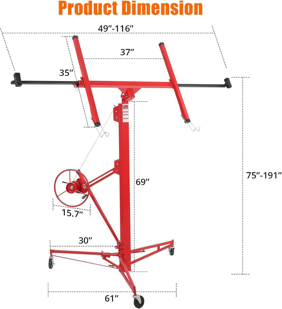 16 FT Drywall Lift Panel Rolling Hoist Jack Lifter, Sheetrock Lift Drywall Lift, Foldable Adjustable Drywall Jack Lift for Ceiling and Walls and Home Improvement, with 3 Lockable Wheels, Red