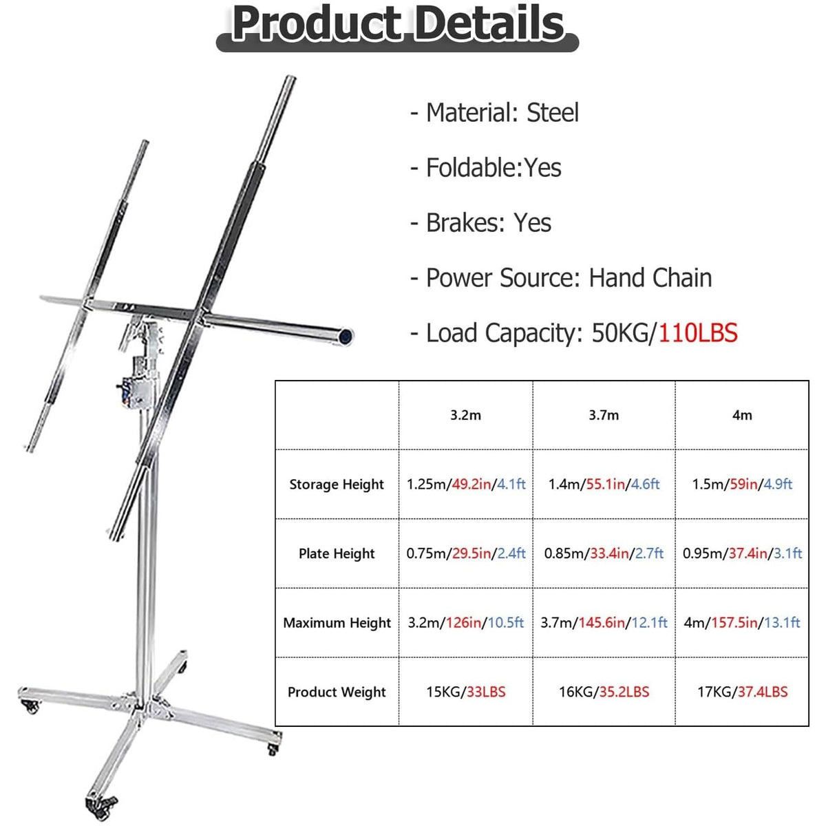 Safe Plate Lifter Tool, Heavy-Duty Drywall Sheet Lifter, 360° Adjustable Sheetrock Lifter with Rolling Casters & Extendable Arm, for DIY, Home Improvement