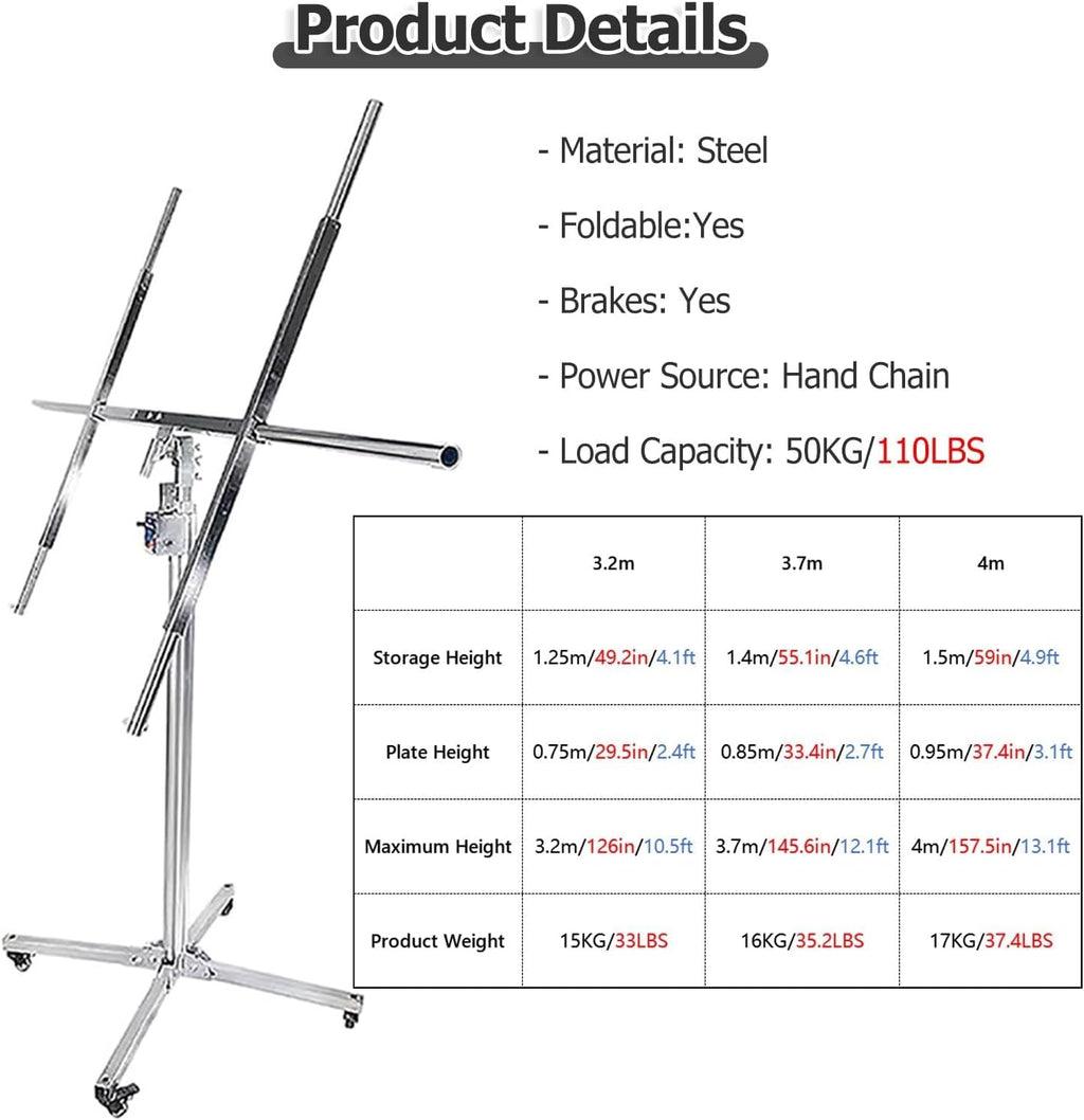 Lockable Board Sheetrock Lift for Site Construction - 110 Lbs Load Capacity Panel Hoist Lift w/Adjustable Telescopic Arm - Tiltable Rotation Panel(Max H 3.2m/126in/10.5ft)