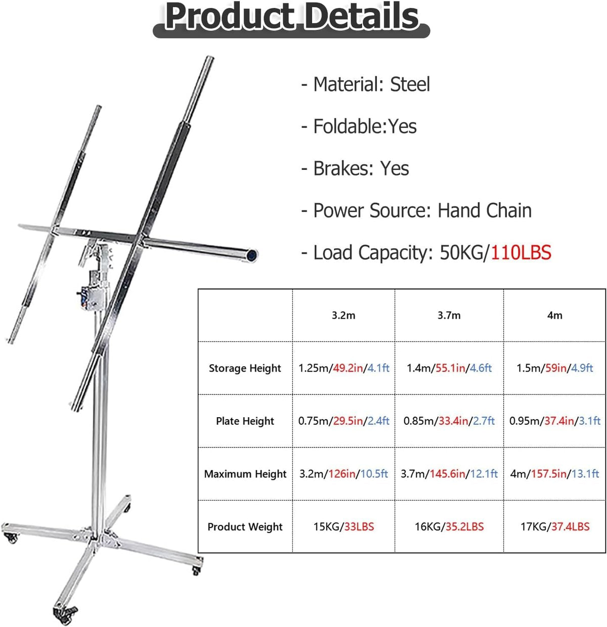 Lockable Board Sheetrock Lift for Site Construction - 110 Lbs Load Capacity Panel Hoist Lift w/Adjustable Telescopic Arm - Tiltable Rotation Panel(Max H 3.2m/126in/10.5ft)