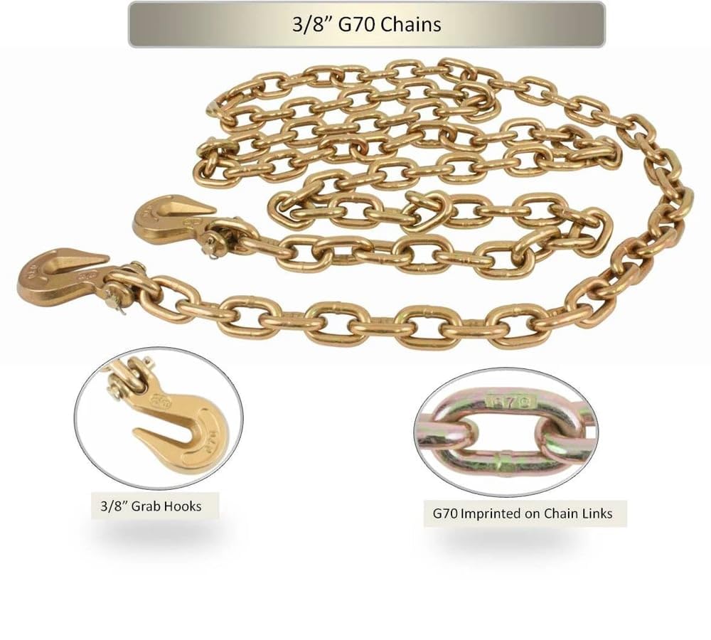 Mytee Products 4 Pack 3/8 Inch x 20 FT Grade 70 Binder Chain with Clevis Grab Hooks - G70 Transport Tow Chain - 6,600 Lbs Working Load Limit