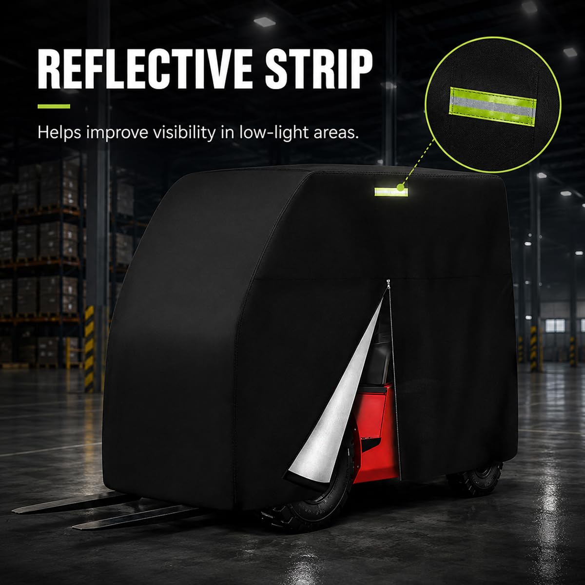 Forklift Cover for Toyota Material Handling 7FGCU25 1998-2015, Water-Resistant Outdoor Storage Protection with Reflective Strips and Zipper Design for Warehouse Transport Storage Use