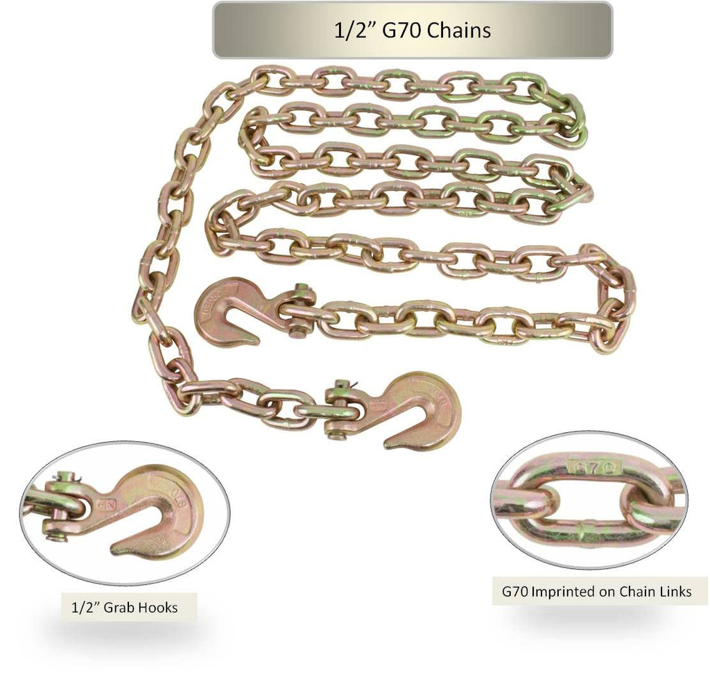 Mytee Products 4 Pack 1/2 Inch x 16 FT Grade 70 Binder Chain with Clevis Grab Hooks - G70 Transport Tow Chain - 11,300 Lbs Working Load Limit