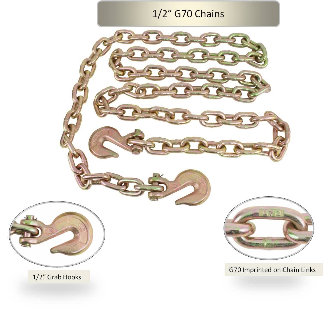 Mytee Products 4 Pack 1/2 Inch x 16 FT Grade 70 Binder Chain with Clevis Grab Hooks - G70 Transport Tow Chain - 11,300 Lbs Working Load Limit