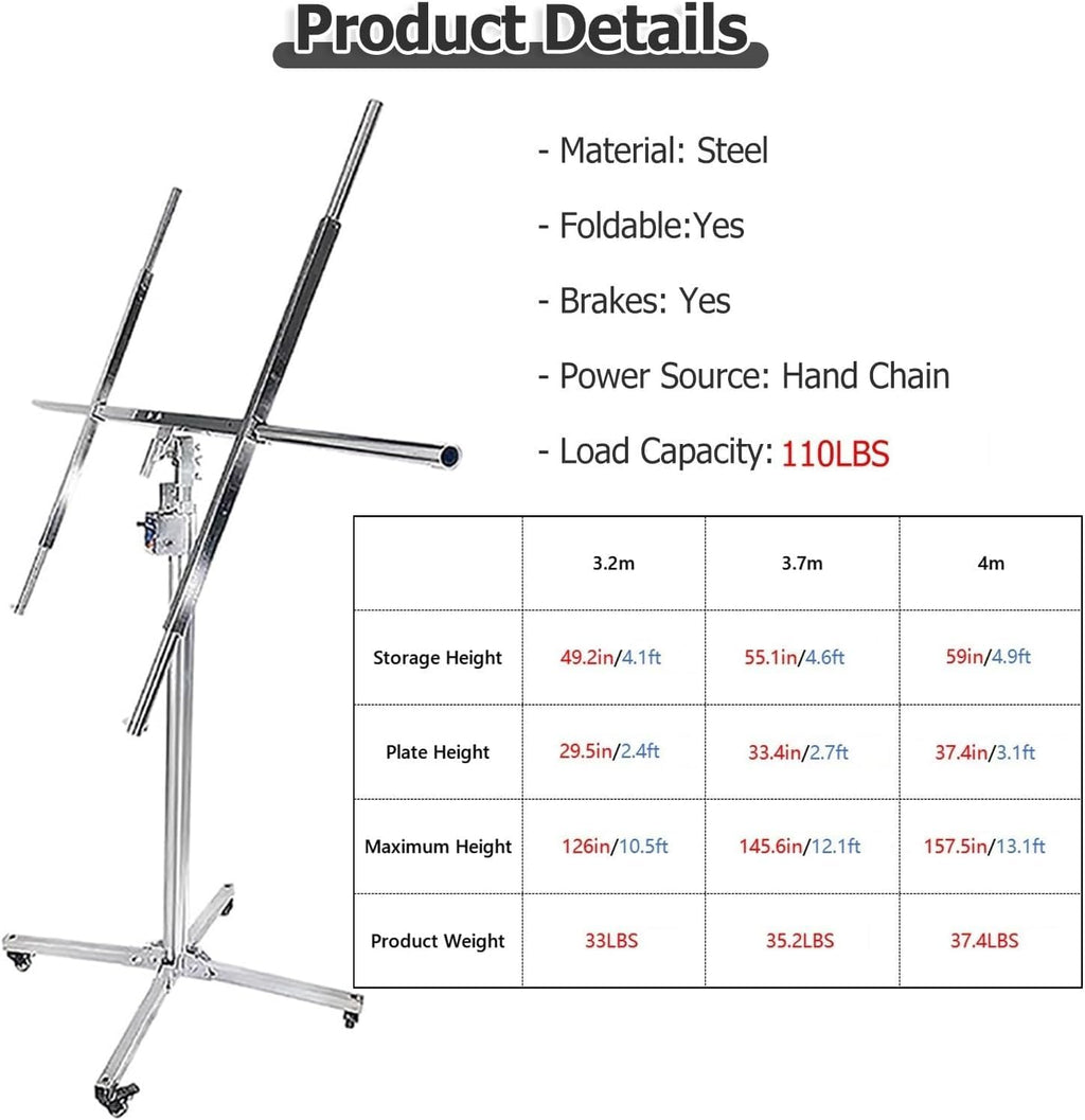 360° Adjustable Drywall Rolling Lifter Panel with Rolling Caster Wheels, Drywall Panel Hoist Drywall Lifter Jack 11 Ft 12 Ft 13 Ft, Sheetrock Lift Drywall Lift(Small - Max H 10.5ft)