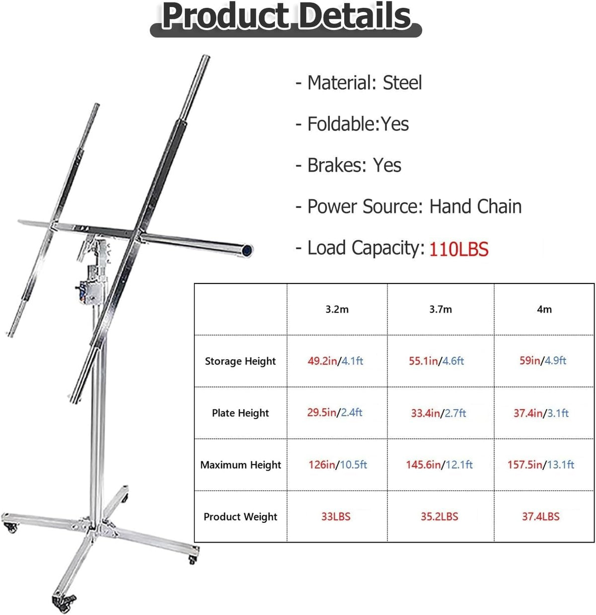 360° Adjustable Drywall Rolling Lifter Panel with Rolling Caster Wheels, Drywall Panel Hoist Drywall Lifter Jack 11 Ft 12 Ft 13 Ft, Sheetrock Lift Drywall Lift(Small - Max H 10.5ft)