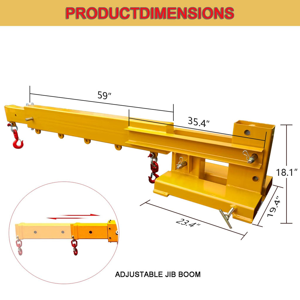 Forklift Jib Boom Crane 6,000 LB Lift Capacity,Attachments Fork Mounted Adjustable Hoist Jib Boom Crane with 2 Hook, Forklift Boom Attachment Towing Handling Equipment