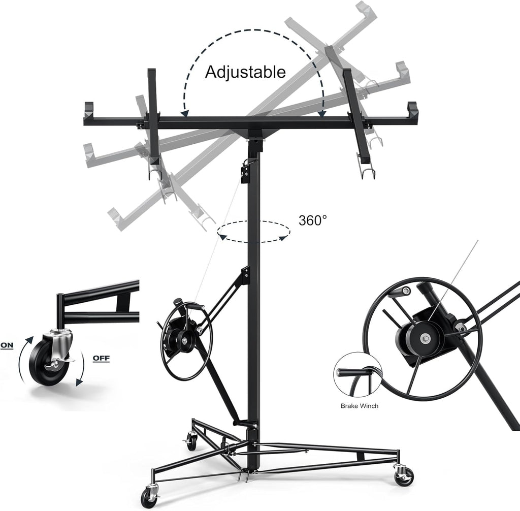 11 ft Drywall Lift Panel Hoist, 150 lb Capacity, Telescopic Arm, 360° Swivel Cradle, 3 Locking Caster Wheels, Black