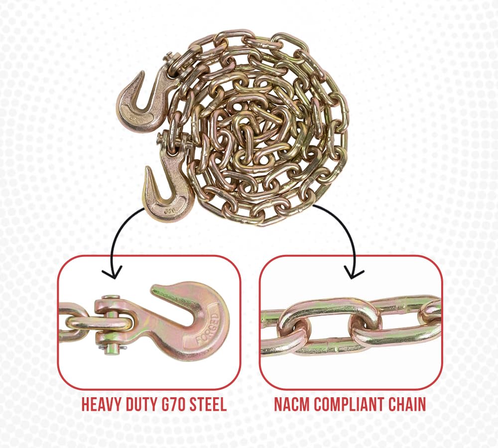 Mytee Products 2 Pack 1/2 Inch x 12 FT Grade 70 Binder Chain with Clevis Grab Hooks - G70 Transport Tow Chain - 11,300 Lbs Working Load Limit