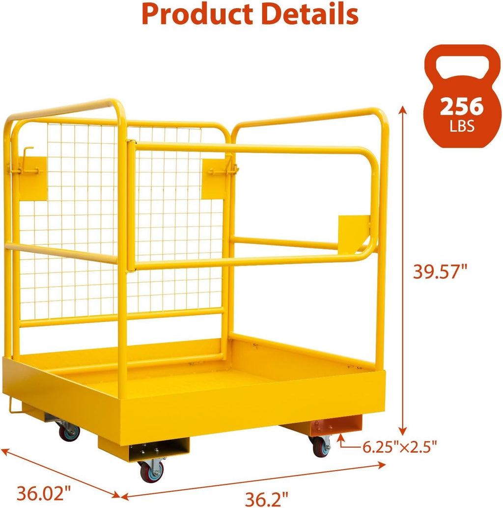 36"x 36" Forklift Safety Cage, Heavy Duty Forklift Man Basket Work Platform with 4 Wheels & Safety Harness, Collapsible Lift Aerial Platform for Lifting Loader, 1200 LBS Capacity